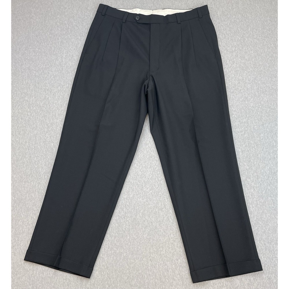Brooks Brothers Pants Mens 34 x 27 Black Wool Blend Stretch Pleated Cuffed